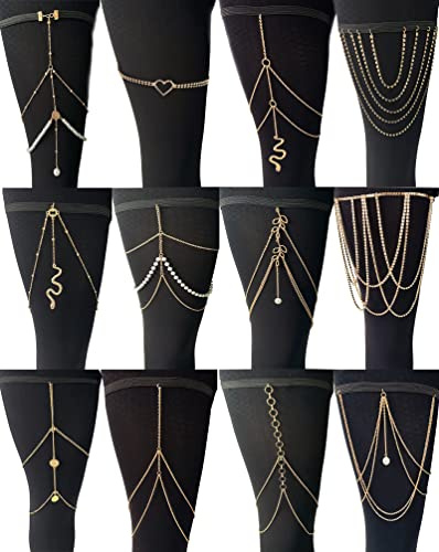 Tornito 12Pcs Thigh Chains Snake Heart Pearl CZ Leg Chain Boho Layered Body Chain Summer Beach Party Body Jewelry for Women Gold Tone