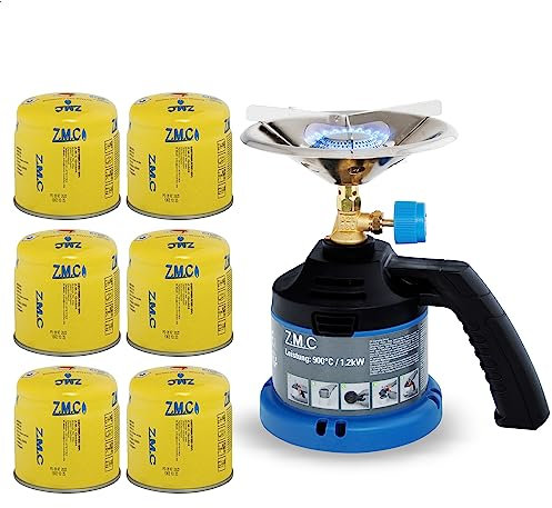 Z.M.C Campingkocher + 6 Gaskartuschen 190g, Gaskocher mit Griff für Camping, Kohleanzünder Outdoor, Kartuschenkocher für Stechkartusche, Kleiner Gasgrill