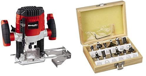 Einhell Fresadora eléctrica de cable - TC-RO 1155E. 230V, 1100W, 4,7 Amperios, Ø 6 y 8 mm, control de velocidad, tope paralelo, adaptador de aspiración, incluidos accesorios + set de 12 fresas mango 8