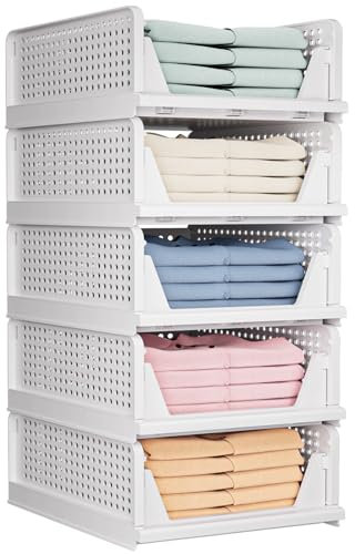 TidyIsles Wardrobe Storage Organiser - 5 Pack Folding Closet Organisers, Stackable Storage Boxes, Plastic Drawer Organiser Basket for Bedroom Kitchen Bathroom White