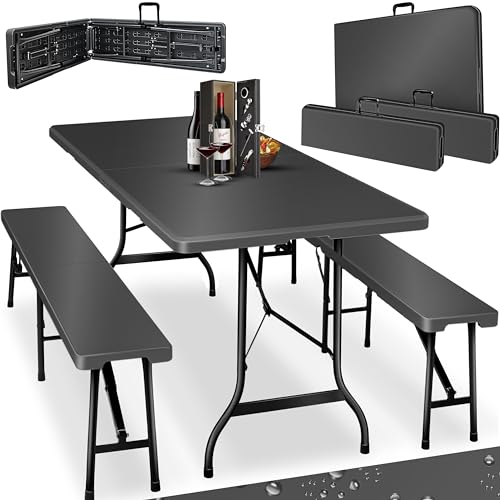 KESSER® Bierzeltgarnitur 3-teilig Set Tisch & 2X Bank | Buffettisch für drinnen & draußen Gartengarnitur klappbar 183x76x74cm Kunststoff Klapptisch Gartentisch Inkl Abdeckung & Tragegriffe