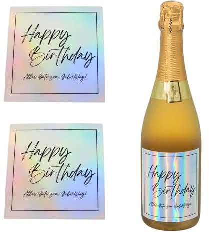 MilaBoo® Holografische Flaschenetiketten Happy Birthday – Perfekt für Wein, Sekt, Whisky und mehr – 10x10 cm – Made in Germany (Holografisch Happy Birthday)