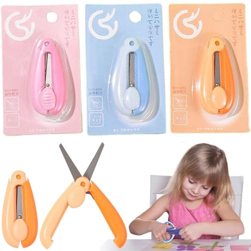 SUQ 3PCS Tijeras para Niños, Blunt Kids Tijeras, Pequeñas Tijeras Retráctiles para el Estudiante, Papel de Corte Artesanal para Niños Pequeños, Tijeras de Entrenamiento Preescolar, Embalaje Tarjetas