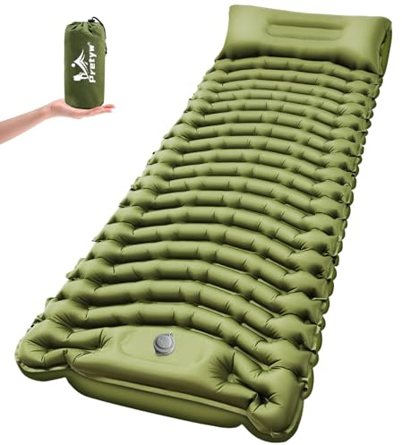 Pretyw Sleeping Pad for Camping - Ultralight Camping Mattress with Pillow, Built-in Foot Pump, Compact Inflatable Portable Mat for Backpacking, Hiking, Car Traveling, Beach, Tent