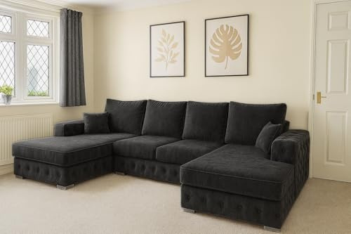 Sofaya U Shape Chesterfield Sofa Full Back Sectional Chaise Sofa with Deep Button Tufting – Upholstered Fabric Couch with Cushions – Modern 6-Seater Sofa for Living Rooms (Black, U Shape Sofa)