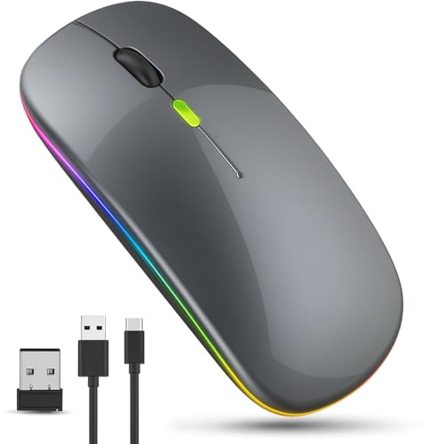 Raton Inalambrico Recargable, Ratón silencioso Retroiluminado de 7 Colores con Mini Receptor USB de 2,4 GHz, Raton Gaming, Compatible con TV, Laptop, PC, Ordenador, Chromebook, Notebook, Gris