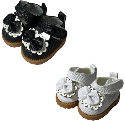 2 paia di scarpe per bambole da 17 cm, in pelle, con fiocco, per bambole da 15 cm e 17 cm, vestiti e accessori per bambole da 17 cm (bianco e nero)