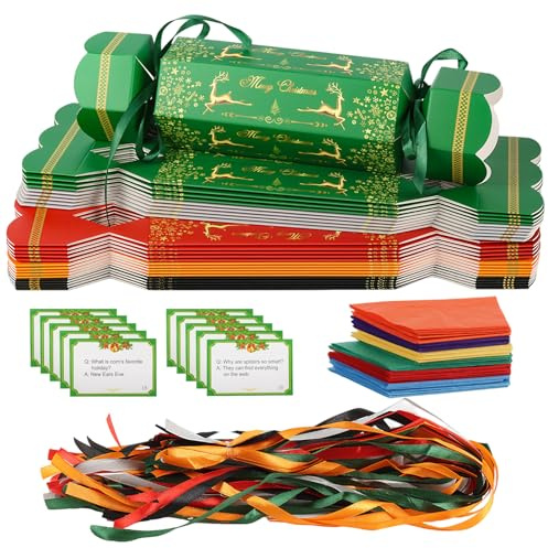 Make Your Own Christmas Crackers 30 Pack - No Snap Xmas Crackers for Kids Adults, Empty DIY Cracker with Jokes, Crowns & Ribbons, Silent Homemade Christmas Crackers Kit for Family, Friends Party