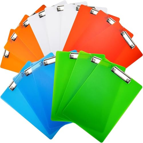 Preocea Confezione da 15 tavolette portablocco in plastica, con clip a basso profilo, colori trasparenti assortiti, 22 x 31,5 cm, formato A4, per ufficio e casa