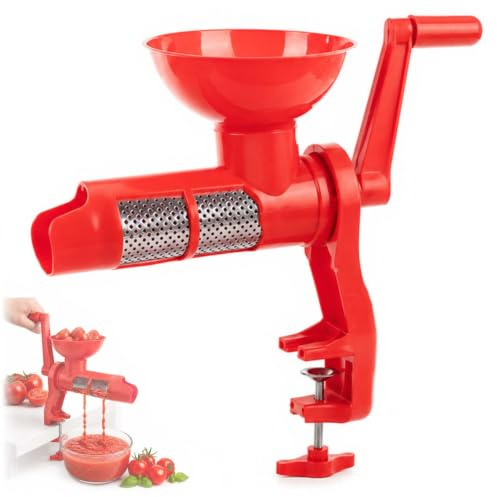 KADAX Manuell tomatpress, passeringskvarn av rostfritt stål och plast, tomatjuicepress, passeringsmaskin med handvev, tratt, passsil och bordsklämma