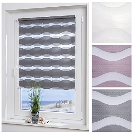 ourdeco® Doppel-Rollo, Duo-Rollo / 120 x 150 cm in Wellenform Wave grau/lichtdurchlässig, Blickdicht/Klemmen=Montage ohne Bohren=Smartfix=Klemmfix=Easy-to-fix