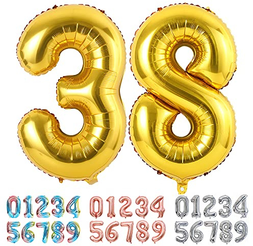 Ponmoo Foil Balloon Number 38/83 Gold, Giant Numbers 0 1 2 3 4 5 6 7 8 9 10-19 20-29 30-39 40-49 50-60-70-80-90-100, Large Balloons for Wedding Anniversary Birthday Party Decoration