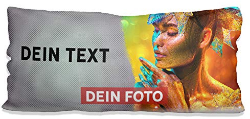 Sunnywall® Kissen selbst gestalten mit eigenem Foto – Fotokissen individuell personalisiert Foto Layout (80 x 40 XXL Wunschtext + Wunschfoto grau, weiß flauschig samtweich)