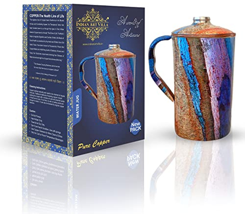 Indian Art Villa Pure Copper Jug With Blue & Brown Stone Print, Serveware & Drinkware, Volume - 67 OZ