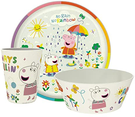 Zak Designs Peppa Pig Kindergeschirr-Set, 3-teilig, langlebige und nachhaltige Melamin-Bambus-Teller, Schüssel und Becher sind perfekt für das Abendessen mit der Familie (Peppa, Suzy, Zuzu)