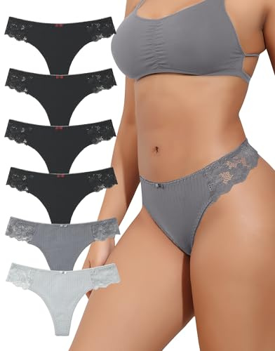 LEVAO G-String-Tangas für Damen, Baumwolle, sexy Spitze, T-Rücken, bequeme Unterwäsche, Multipack, S-XL, 4 x Schwarz/Grau/Graublau, L