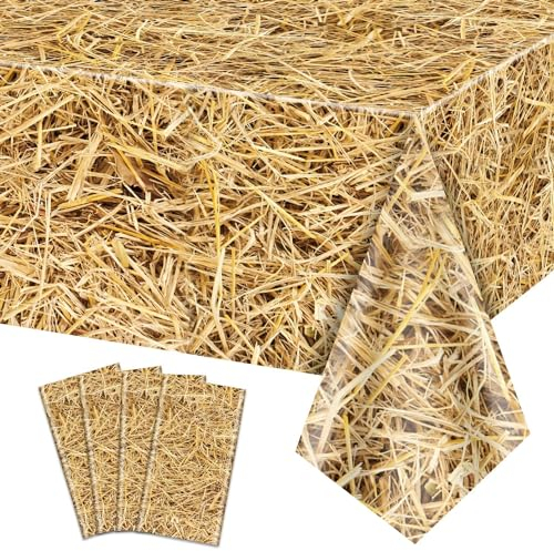 PTECDROTS 4 Stück Stroh Tischdecke Rechteckig Stroh Tischdecke Wasserdicht Bauernhof Tischdecke Heu Stacks für Bauernhof Party Dekorationen Cowboy Western Thema Party Supplies, 130x220cm