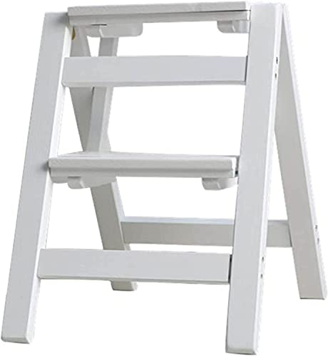 Hocker mit 2 Stufen, für Zuhause, Holz, klappbar, Leiterstuhl, verdickter Bibliotheks-Treppenstuhl, tragbar, leicht, für Gartengeräte, Leiter, maximale Belastung 150 kg (weiß R)