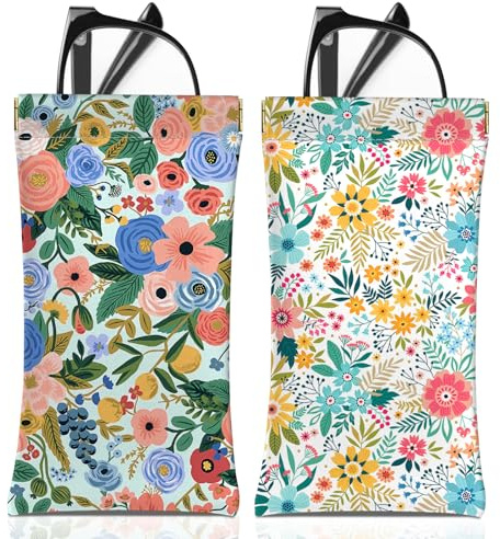 BHAHB 2PCS Étui à Lunettes Souple,Étuis à Lunettes Souple Portable,PU Soleil Pochette Lunettes,avec Chiffon de Nettoyage,Pour Homme et Femme (A2-Fleurs)