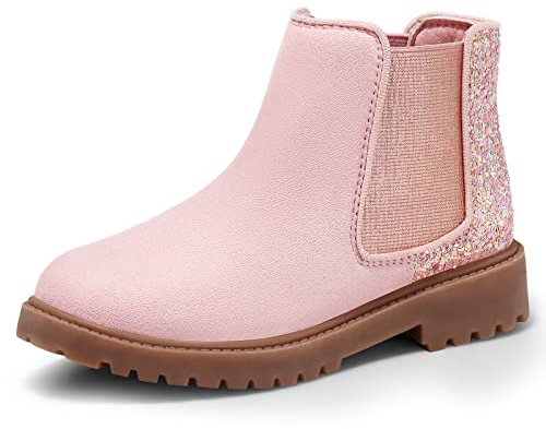 Harvest Land Girls Boots Kids Ankle Boots Zipper School Shoes Elegant Big Kid Fashion Winter Boots Zip-up Short Flat Bootie for Junior/Yourth Pink UK3