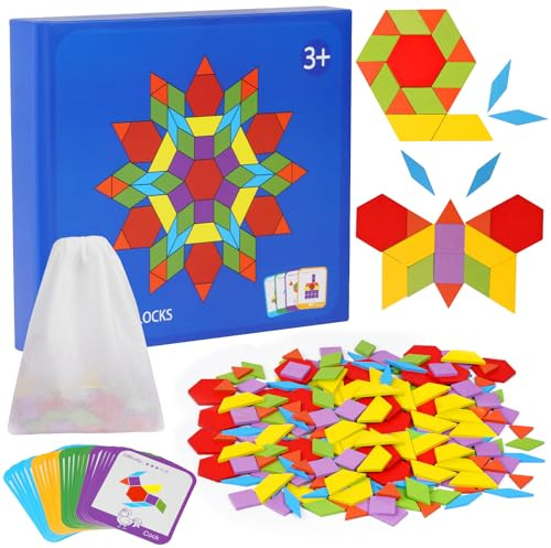 HOTUT Tangram-pussel för barn - 155 geometriska träformer och 24 kort, färgglatt intelligenspussel i trä, Montessoripedagogiska leksaker
