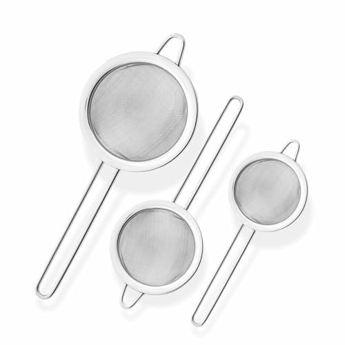 Tea Strainer Stainless Steel Fine Mesh with Non Slip Handle for Cocktail Juice Loose Tea Spices Colander Baking Flour Sifter Metal Sieve Kitchen Craft Accessories Silver Color 7cm 8cm 10cm (3Pc)