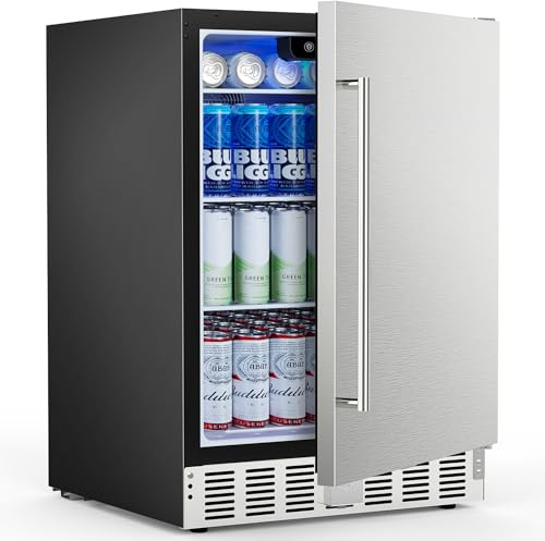 24 Inch Under Counter Beverage Refrigerator, Built-in and Freestanding Compact Beverage Fridge Cooler 180 Cans with Stainless Steel Seamless Door, Powerful Cooling Compressor for Patio Kitchen