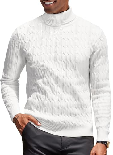 COOFANDY Pulls Hommes Col Roulé Torsadé Pulls Tricotés Manches Longues Pull d'hiver Pull à Col Roulé Sweater Slim Fit Turtleneck Blanc M