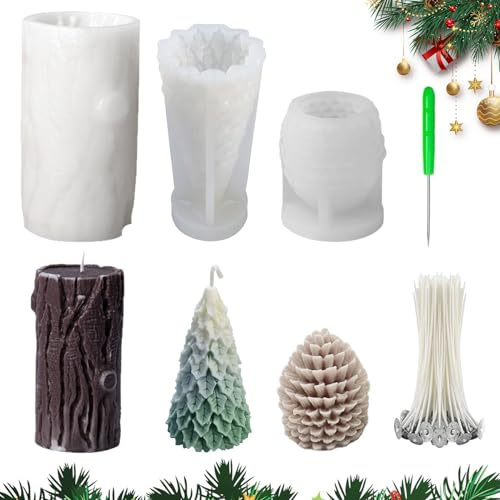 shallyong Juego de 3 Moldes Velas Navidad, Moldes para Velas de Silicona 3D, Árbol de Navidad & Textura de Madera, Kit de Molde DIY de Silicona, Idea de Regalo Navideño