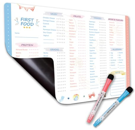 Checklista för första livsmedel 30 x 20 cm magnetisk checklista för barnmat för kök kylskåp skrivbar raderbar färgglad matdiagram med 2 pennor för nya föräldrar nödvändigheter