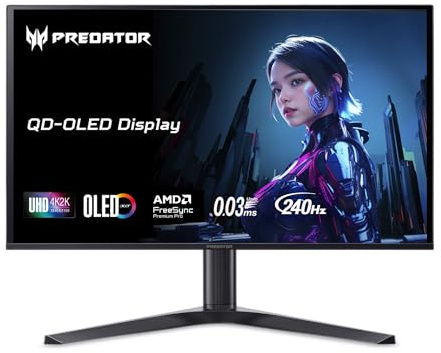 acer Predator 27 Gaming Monitor | 4K UHD 3840x2160 QD-OLED | AMD FreeSync Premium Pro | 240Hz | 0.03ms (G to G) | True Black 400 | USB Type-C, 2 x Display Port 1.4 & 2 x HDMI 2.1 | X27 X1bmiippruzx