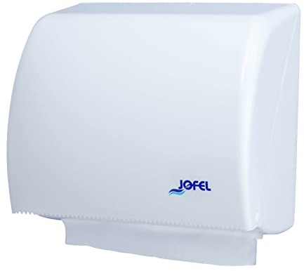 Jofel - Dispensador de Papel de Manos, Toallas Faciales, Dispensador de Papel Secamanos de Pared, Combi: 400 Toallitas Zig-Zag o Bobina de 90 mts Carcasa ABS, Azur AH45000, Blanco