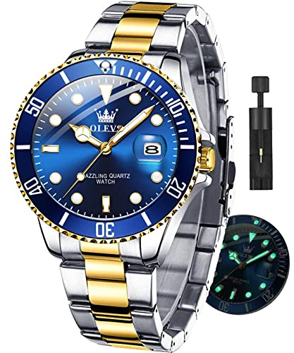 OLEVS Men Stainless Steel Watch for Men Blue Face Waterproof Watch Big Face Mens Watch with Date Dress Watch for Men Luxury,Diver Relojes De Hombre,Luminous Man Wristwatches
