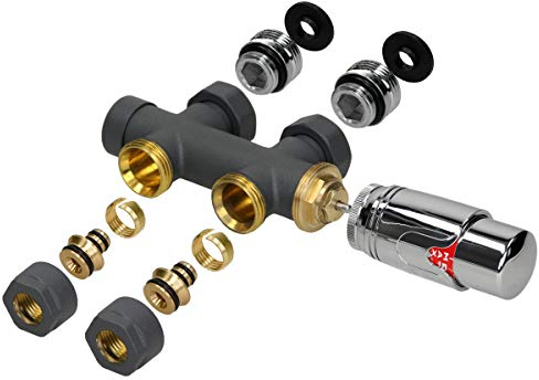 ECD Germany Valvola Termostatica Connessione Centrale con Termostato Radiatori Antracite 50 mm Universale Collegamento Pavimento Scaldasalviette Blocco Rubinetto Termosifone Sistema di Riscaldamento