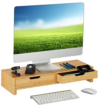 Relaxdays Monitorständer für 2 Monitore, ausziehbar, verstellbar, HBT: 11x107x22 cm, Schreibtisch Monitorerhöhung, Natur