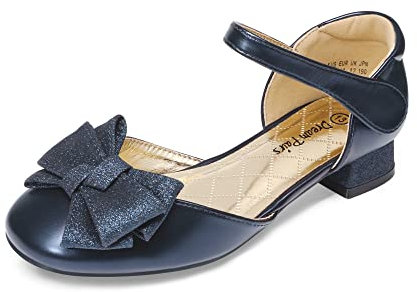 DREAM PAIRS Girls Dress Shoes Closed Toe Low Heels Ankle Strap Bow Ballet Wedding Party Sandals Princess Flower Shoes for Little Kid,Size 9 Little Kid,Navy,SDFL2314K