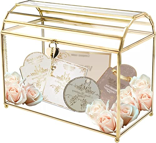 Homtone 31cm Wedding Card Glass Box with Slot and Lock, Large Geometric Terrarium Gold Glass Box, Vintage Display Box for Wedding Reception, Centerpiece