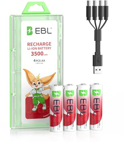 EBL 1.5V Lithium AA Rechargeable Battery - 3500mWh High Capacity with 4-in-1 USB-C Charging Cable, USB-C AA Battery, No Charger Needed to Charge Anywhere