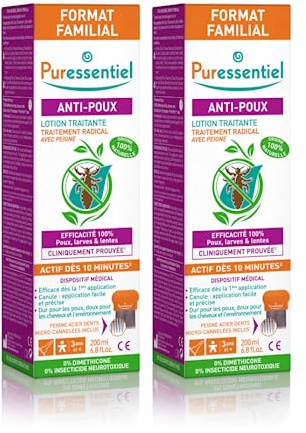 Puressentiel - Anti Poux - Lotion Traitante avec Peigne - Efficacité prouvée pour éliminer poux, larves et lentes - 100% naturel - Lot de 2x200ml