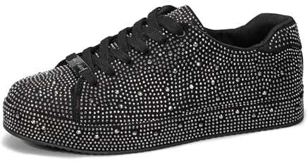 LUCKY STEP Mujer Zapatillas con Plataforma y Diamantes de Imitación | Zapatos Brillantes para Boda Nupciales para (Negro/Peltre con Estrás, 6US-36EU-3UK)