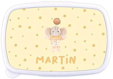 LolaPix Sandwichera infantil. Caja merienda bebe, niños, niñas, colegio y guarderia. Regalos personalizados. Apta para microondas y libre de BPA, filatos y metales pesados.Elefante estrellas