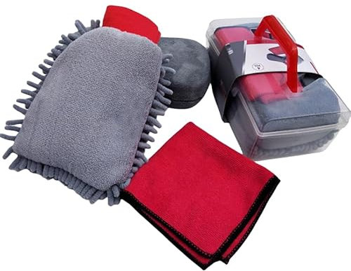 MYAYD 3 in 1 Microfaser Waschhandschuh Set,Auto Wasserdicht Mikrofaser Autowaschhandschuh, Auto Chenille Waschhandschuh Handschuh mit Reinigungstuch und Kunststoffbox für Autowäsche