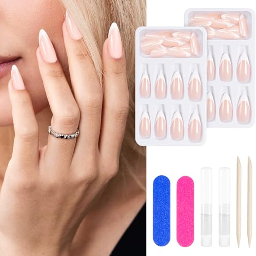 Kiiwah Aurora Pink French Press-on Nails Set, Mandel Lang Fake Nails FrenchTips, Nagelfeilen, Nagelhautstäbchen, Künstliche Fingernägel Set Zum Aufkleben, False Nails Frenchfür Frauen