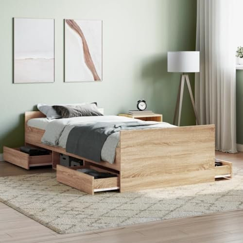 Festnight Bett Holz 100x200 cm Holzbett mit Stauraum Massivholzbett mit Fächer Bettgestell mit Lattenrost Einzelbett Doppelbett Bettrahmen Jugendbett Sonoma Eiche