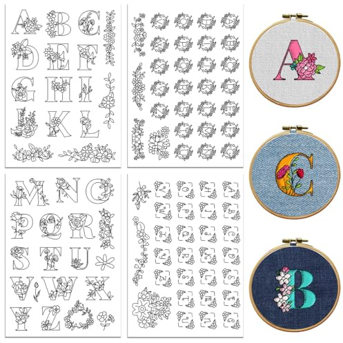 peacoblue Lot de 4 feuilles de motifs de broderie solubles dans l'eau pour débutants - Couronne florale de l'alphabet avec 94 motifs, bâton lavable et papier à broder pour les amateurs de couture à la
