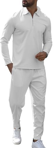 KUYIGO Tuta da uomo polo con cerniera a 1/4, 2 pezzi, a maniche lunghe, felpa e jogger, casual, top a nido d'ape, pantaloni sportivi, abbigliamento sportivo da golf, taglie S-XXL, bianco, M