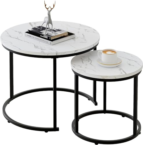 Huhote Set med 2 stycken runda sidobord, moderna kaffebord för vardagsrum sovrum, vit marmoreffekt, svart ram