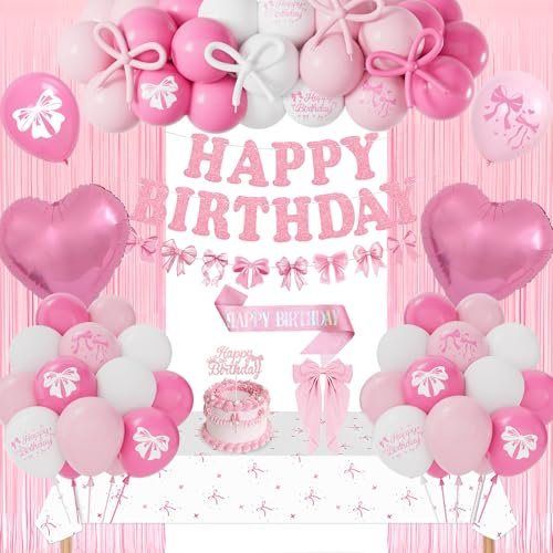 Conjunto de decoraciones de cumpleaños con lazo Happy Birthday, globos de color rosa y blanco, mantel de nudo, cortina con flecos
