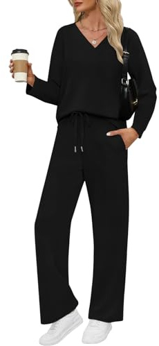 VUTRU Conjunto deportivo de dos piezas para mujer elegante de algodón con cuello redondo y manga larga, pantalón de chándal con bolsillos, traje deportivo para mujer, Negro , L