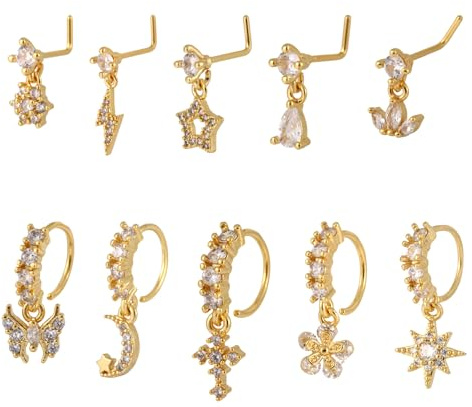10st Dinglande Näsring, Guld Hängande Näsringar Snygga L-Formade Näsringstift Blomma Stjärnfjäril Piercingsmycken för Kvinnor